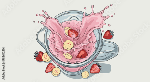 Fresh strawberry banana smoothie splashing from blender
