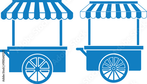 Two blue market stall carts with striped awnings