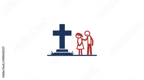 Mourning Family at a Grave Under Cross