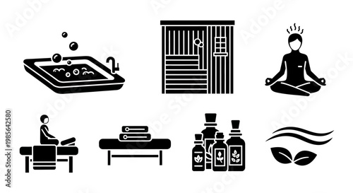 Spa and Wellness Icons Set Relaxation Massage Yoga Sauna Aromatherapy