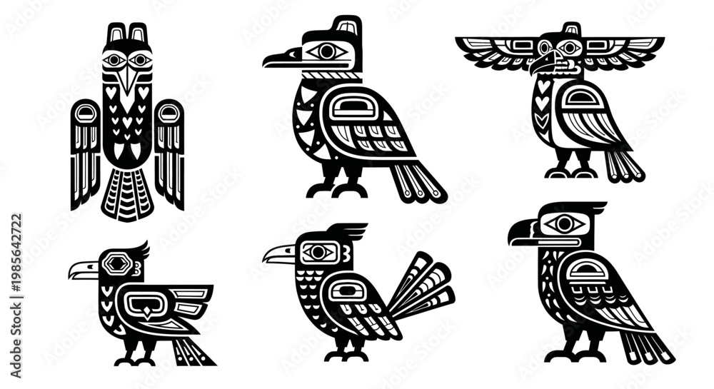 Fototapeta premium Native American Totem Pole Bird Art Icons Set