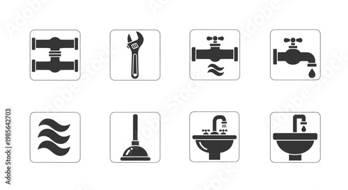Plumbing Icons Set Water Faucet Pipe Wrench Sink Plunger Symbols