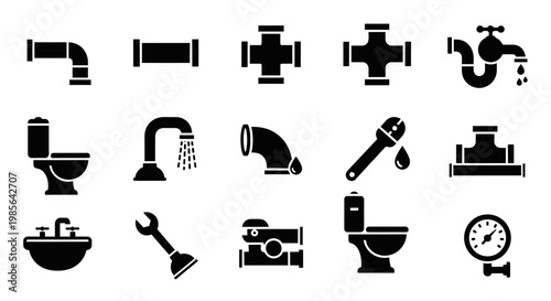 Plumbing Icons Set Water Supply System Elements And Tools