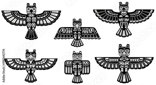 Native American Totem Pole Designs Eagle Bird Symbols Black and White