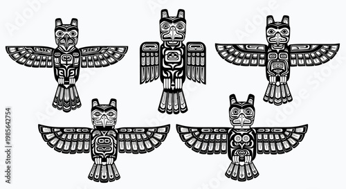 Native American Totem Poles Black and White Design Elements