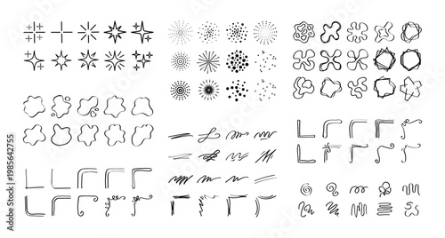 Abstract Doodle Design Elements Bundle, Sparkle Starburst Blob Swirl Corner Frame Vector Set, Hand Drawn Decorative Shapes Collection