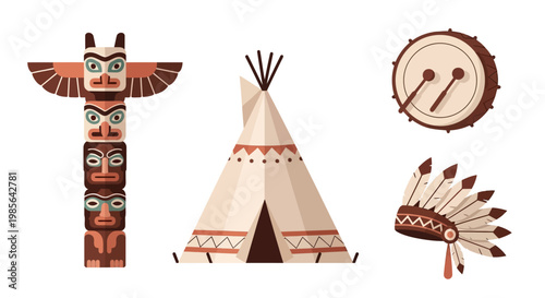 Native American Cultural Symbols Totem Teepee Drum Headdress