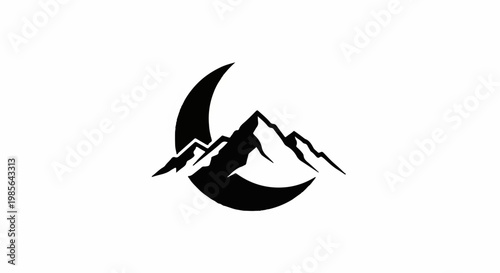 A black crescent moon partially encloses jagged mountain peaks on a white background