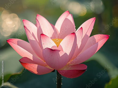 Hyper-realistic Close-up of Blooming Pink Sacred Lotus with Morning Dew Drops