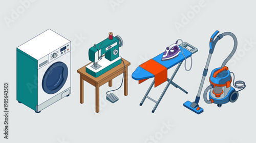 Isometric flat household appliances set with clean geometry and solid colors.