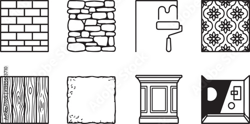 Interior design and home renovation icons, set of 8 linear vector elements, wall textures and construction materials for architecture projects