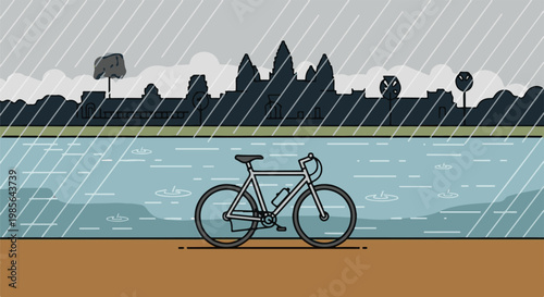 A bicycle stands by a lake with a city skyline and ancient temple in the rain
