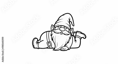 A black and white cartoon gnome with a long beard and pointy hat