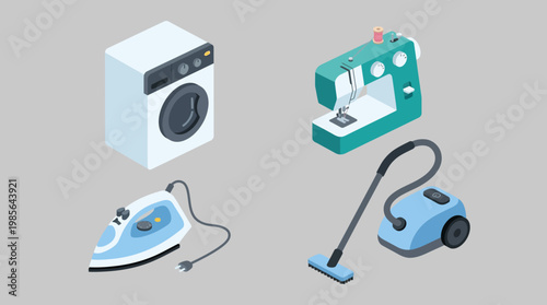 Isometric flat household appliances set with clean geometry and solid colors.