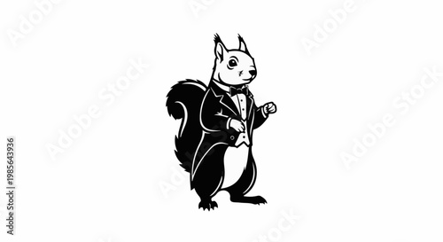 A black and white cartoon of a squirrel dressed in a tuxedo and bow tie