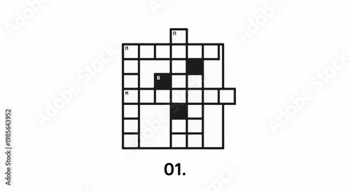 A black and white crossword puzzle grid with some filled squares and letters