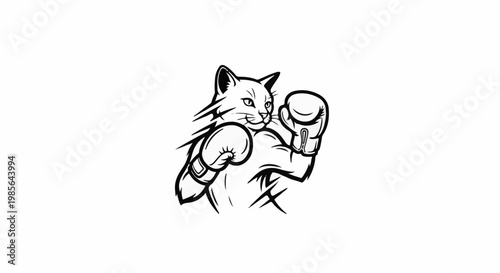 A black and white drawing of a cat wearing boxing gloves and in a fighting stance