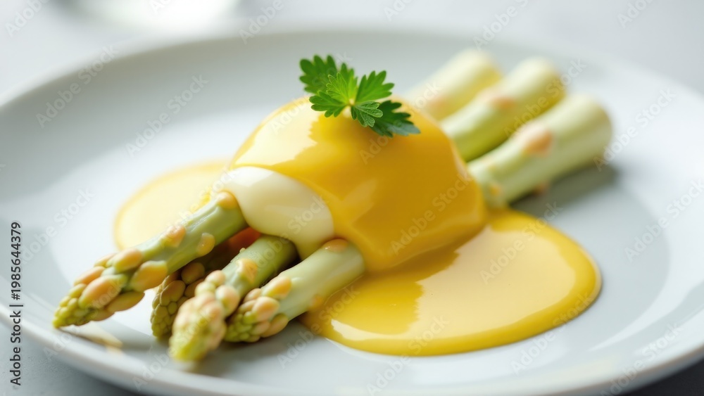 Fototapeta premium Fresh asparagus and melted cheese on a white plate, perfect for a healthy snack or appetizer