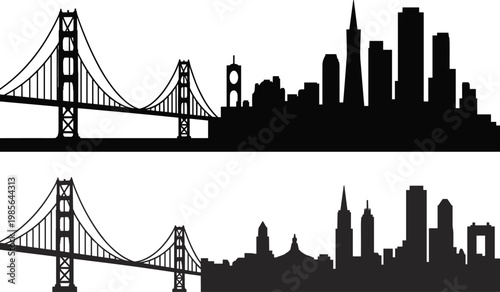 City skyline silhouette with suspension bridge, urban landmarks, architectural diversity, flat vector