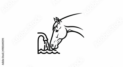 A black and white illustration of a horse drinking from a water source