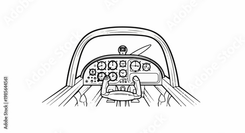 A black and white line drawing of an airplane's cockpit with instruments and yoke