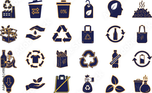 Navy Colour Waste Management and Circular Economy Icons for Nature Conservation on PNG Transparent Background