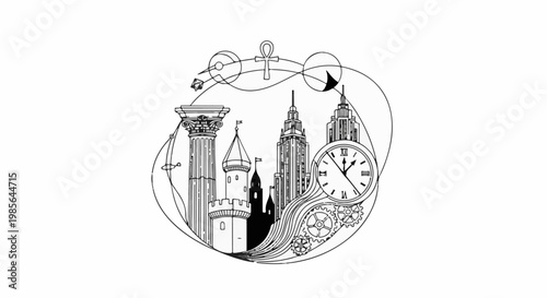 Stylized black and white illustration blending ancient column, castle, modern buildings, and clockwork
