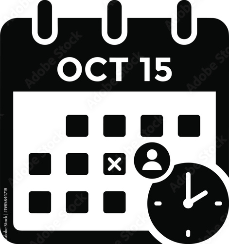 Calendar with a person icon and a clock showing 10:00 on October 15, indicating an event or appointment scheduled for that day.