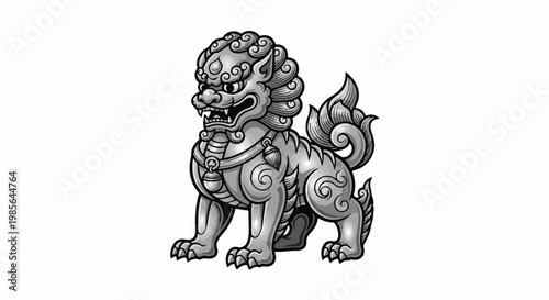 Stylized stone lion guardian with intricate mane and swirling tail