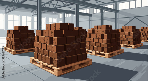 Tall stacks of brown boxes on wooden pallets inside a warehouse