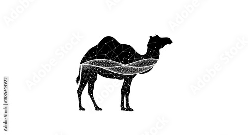a black silhouette of a standing camel.