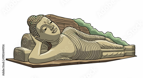 Stylized illustration of a reclining Buddha statue on a wooden base