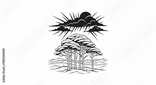 Stylized drawing of sun behind clouds over pine trees and rolling hills
