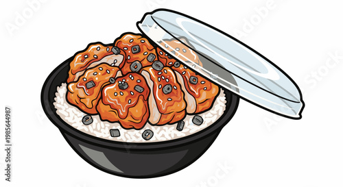 Stylized illustration of a bowl of rice topped with glazed chicken and toppings