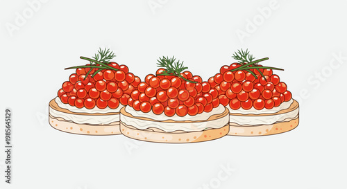 Three appetizing rounds of bread topped with creamy spread and red caviar