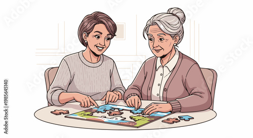 Two women, one older, one younger, smiling while doing a jigsaw puzzle