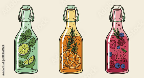 Three glass bottles filled with colorful infused water and fruit