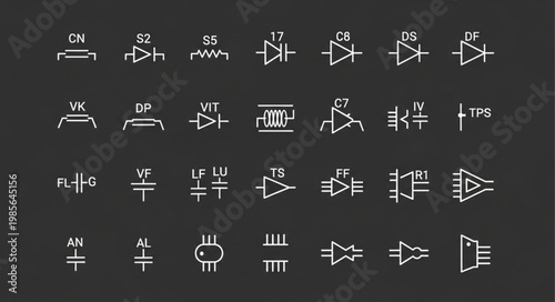 Collection of electronic circuit symbols on a dark background.