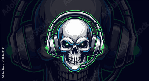 A skull with green glowing eyes wears headphones and a microphone, against a dark background