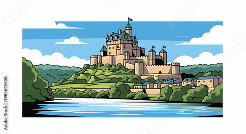 A medieval castle on a hill overlooks a village and a calm body of water