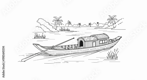 A long boat with a canopy is drifting on a calm body of water with palm trees on the horizon
