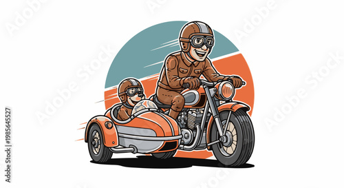 A man and dog ride a vintage motorcycle with a sidecar on a sunny day