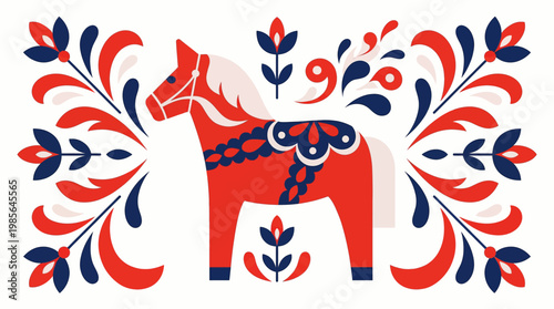 Traditional Scandinavian folk art decorative horse illustration with floral motifs