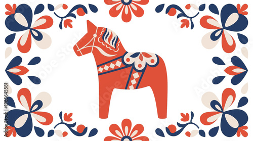 Traditional Swedish Dala Horse Illustration with Floral Border