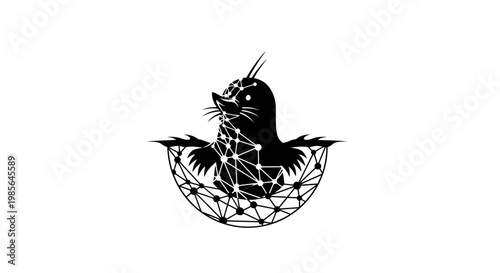 Black seal sitting in a geometric bowl.