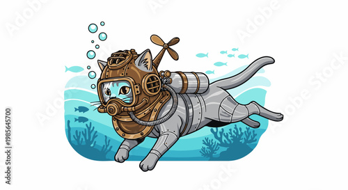 A cartoon cat in a vintage diving suit swims underwater with fish