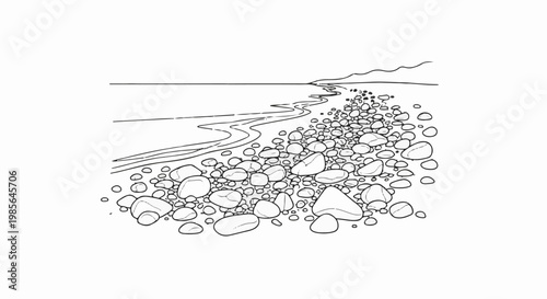 A simple line drawing of a rocky shore with a wavy water line