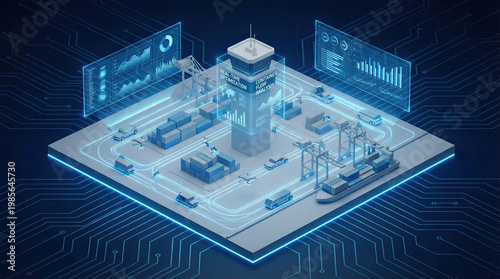 Optimizing supply chain management operational efficiency concept. Modern digital control tower in an advanced logistics environment.