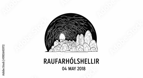 Stylized cave entrance with rock formations and text below