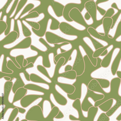 Seamless abstract botanical pattern with large sage green leaves on white background, modern minimalist vector illustration